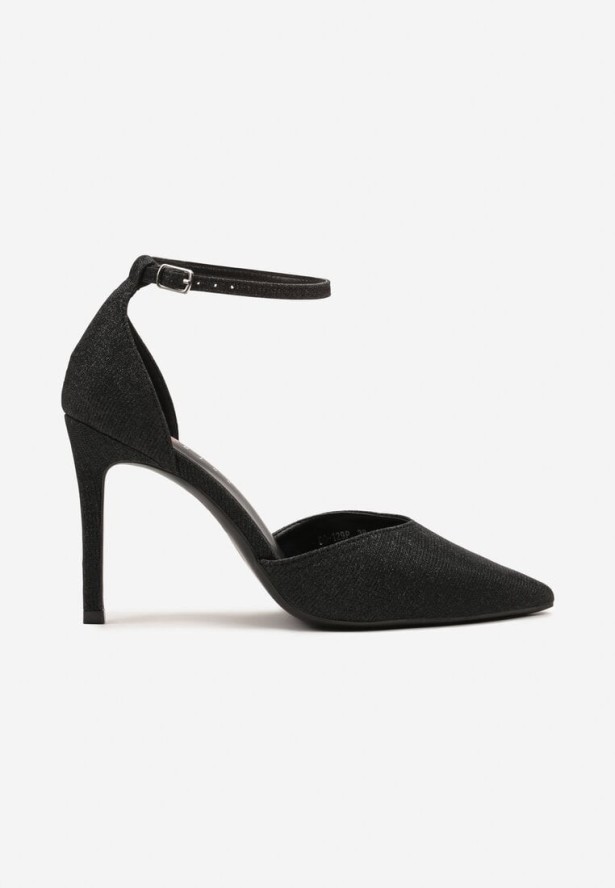 Czarne Szpilki Zdobione Brokatem z Noskiem w Szpic i Paskiem z Klamerką Celidaniel