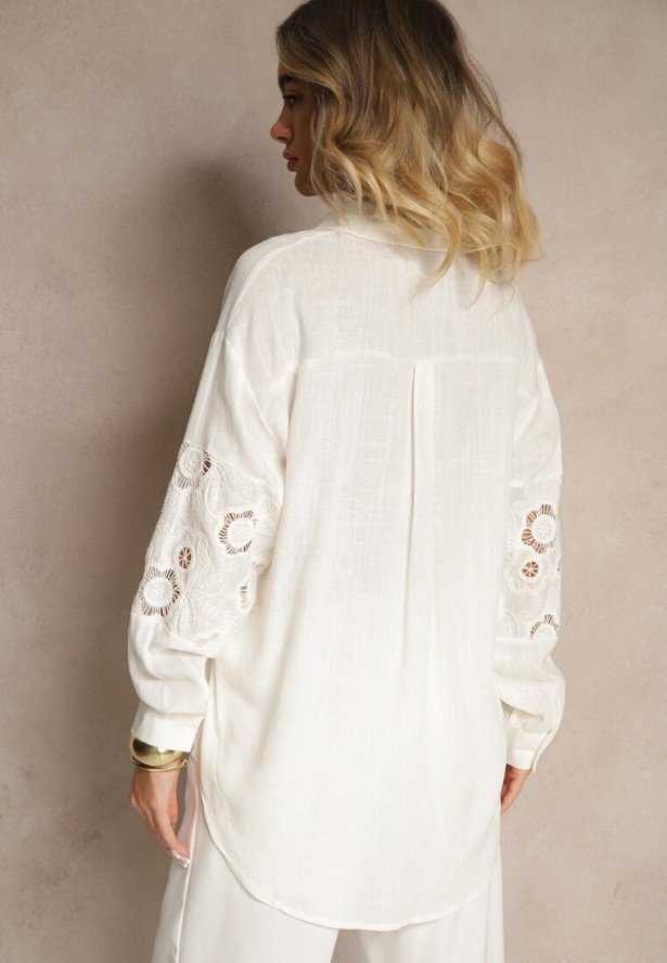 Biała Koszula Oversize z Lnem Zdobiona Ażurowymi Wstawkami Dannivra