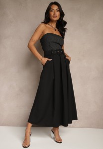 Czarna Spódnica z Wiskozą o Rozkloszowanym Kroju z Paskiem i Gumką w Talii Prianna