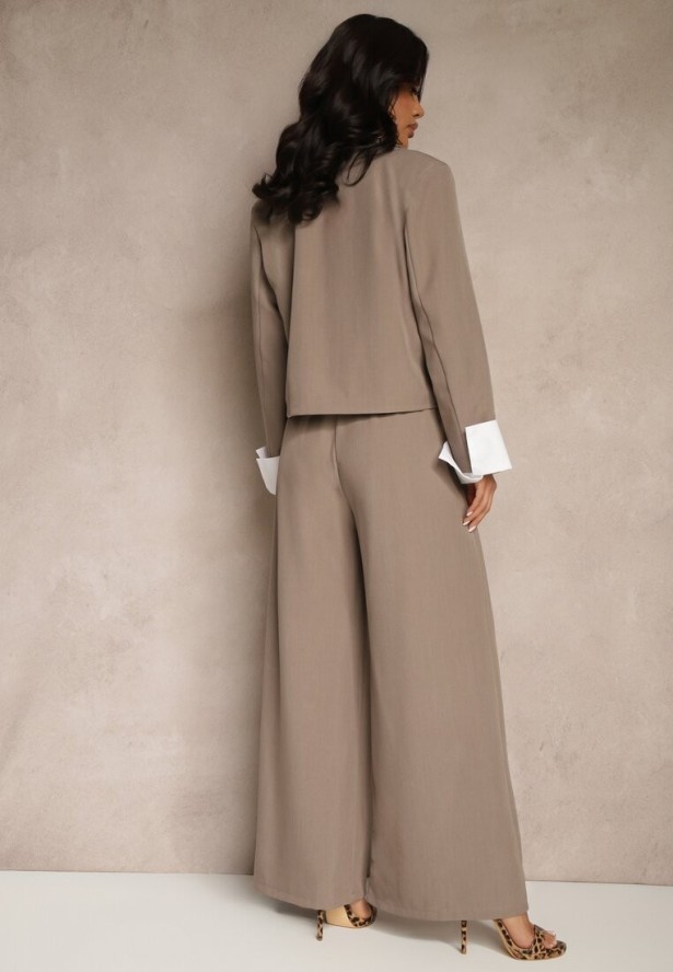 Jasnobrązowy Garniturowy Komplet Marynarka i Spodnie z Kontrastującymi Zdobieniami Davirielle