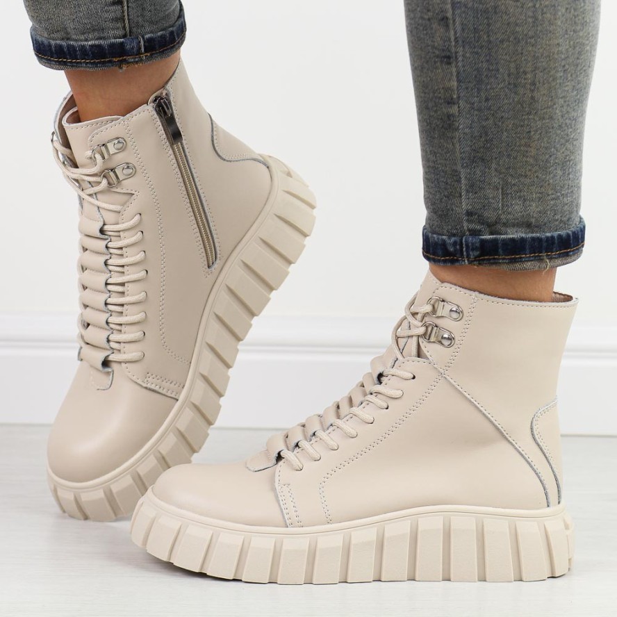 Beżowe skórzane botki damskie na platformie Filippo Dbt6312/25