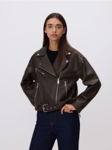 Kurtka ramoneska z paskiem - brązowy