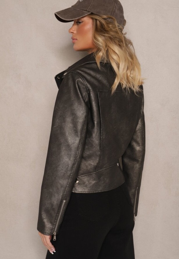 Ciemnoszara Kurtka o Kroju Ramoneski z Paskiem ze Sprzączką i Kieszeniami Milvila