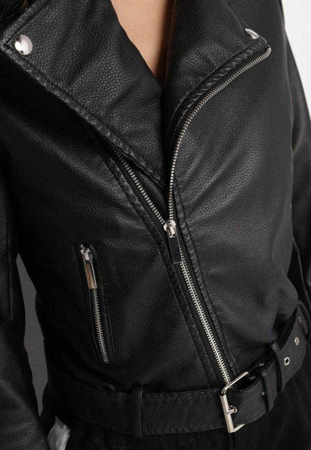 Czarna Kurtka w Stylu Ramoneski z Paskiem Hallisen