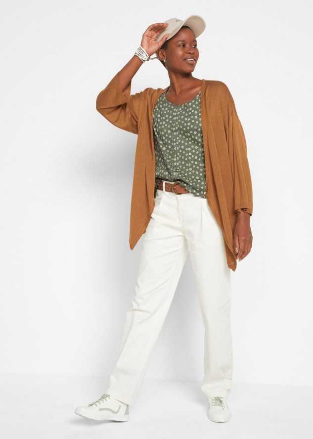 Prążkowany T-shirt z kwiatowym nadrukiem, półdługie rękawy