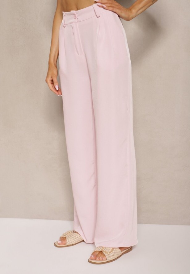 Różowy Komplet ze Spodniami o Szerokim Kroju i Koszulą z Ozdobnym Wiązaniem Filaniella