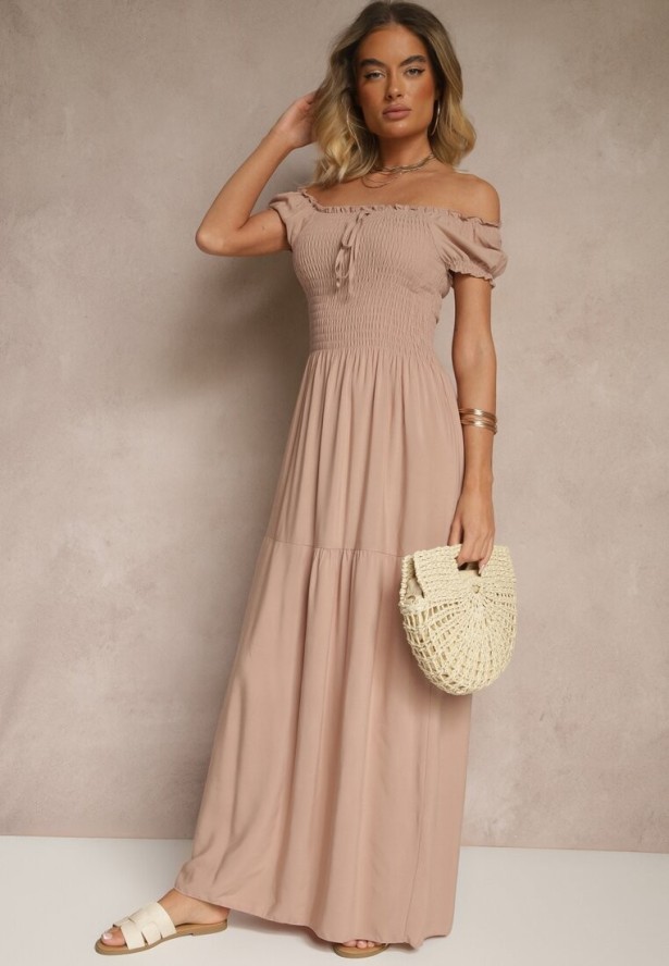 Beżowa Sukienka z Wiskozy w Stylu Hiszpanki Ozdobiona Marszczeniem Jenalena