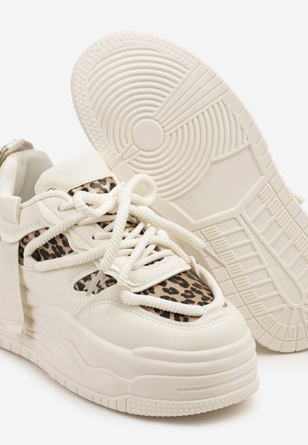 Beżowo-Panterkowe Sneakersy w Streetwearowym Stylu na Tłoczonej Platformie z Brokatem Mailienne