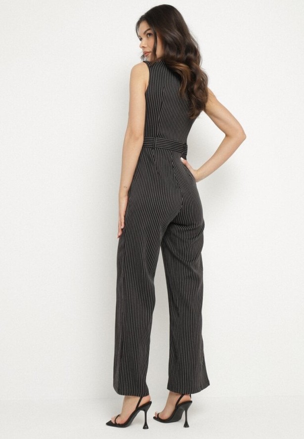 Czarny Kombinezon w Garniturowym Stylu w Drobne Paski Sarisse