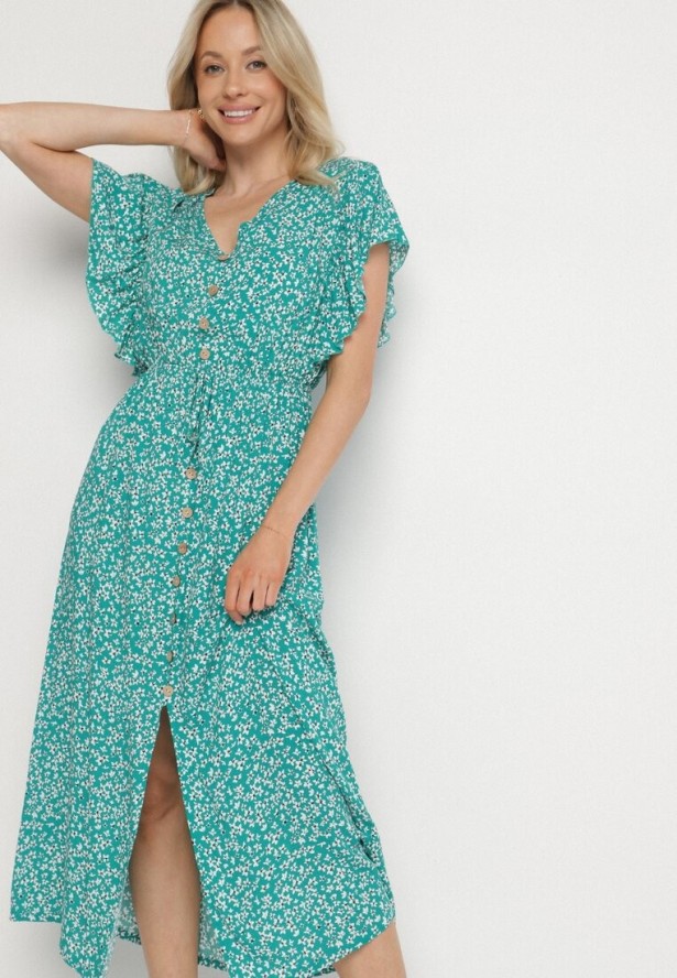 Zielona Bawełniana Sukienka z Gumką w Talii w Drobne Kwiatki Nulinea