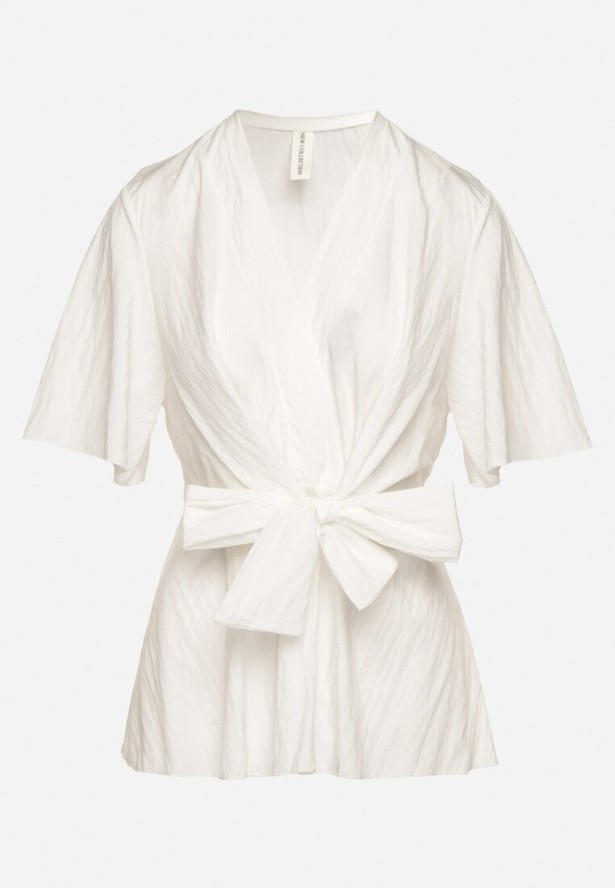 Biała Kopertowa Bluzka z Wiskozą Ozdobiona Supłem Tanathria