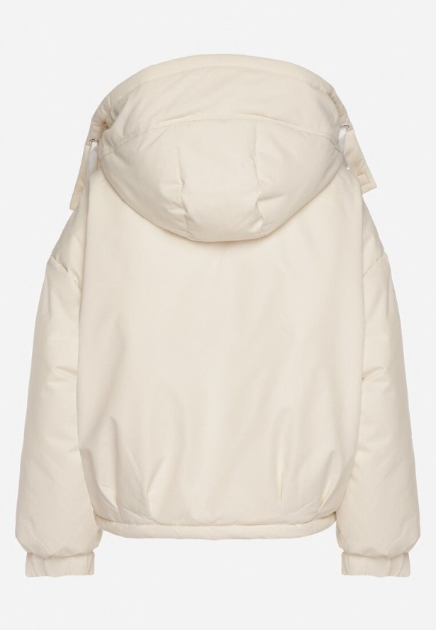 Beżowa Oversizowa Kurtka Bomberka z Kapturem i Ozdobnymi Kieszeniami Nalana