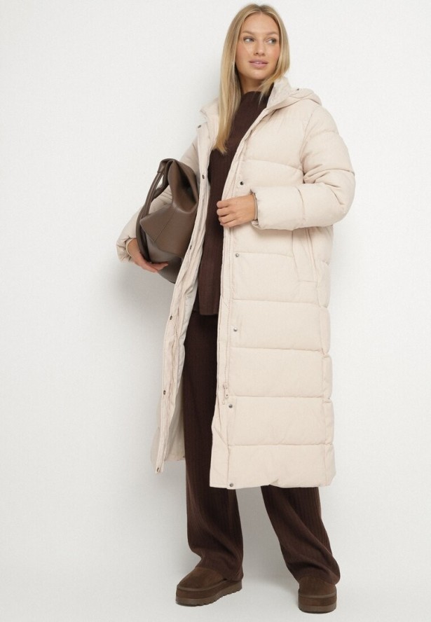 Jasnobeżowa Długa Pikowana Kurtka z Kapturem Afarriva