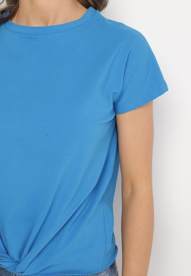 Jasnoniebieski T-shirt z Bawełny z Ozdobnym Wiązaniem Sunitra