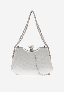 Srebrna Trapezowa Torebka Kopertówka z Połyskującego Materiału z Odpinanym Łańcuszkiem Geriora