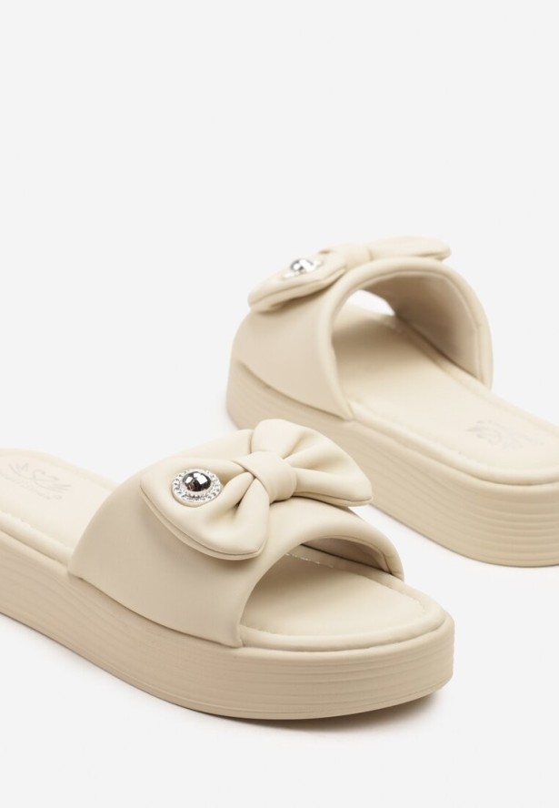 Beżowe Klapki na Grubej Podeszwie z Kokardką Meradriella