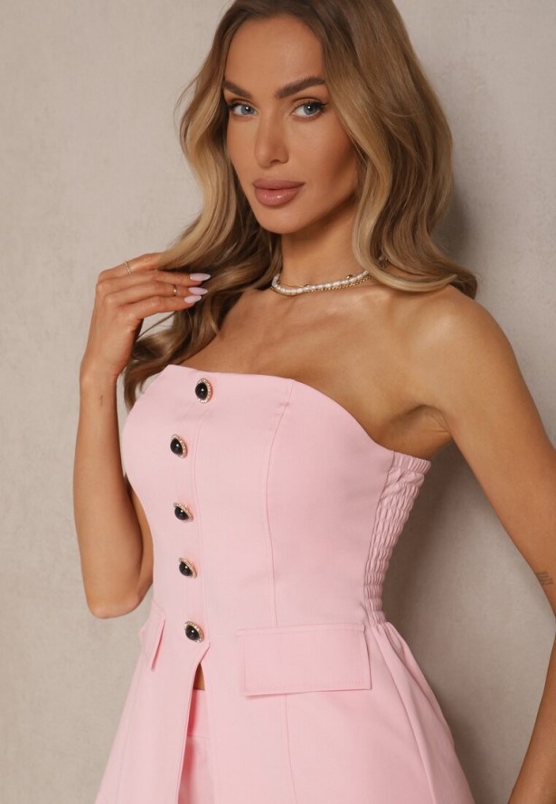 Różowy Komplet Top Bandeau Zdobiony Guzikami i Spodnie o Szerokim Kroju Palarienna