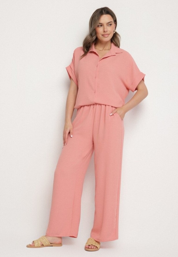 Różowy Komplet Koszula z Krótkim Rękawem i Szerokie Spodnie Maralissa