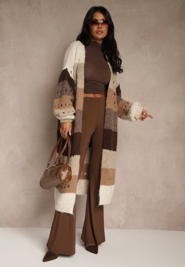 Beżowy Ażurowy Kardigan w Paski z Dodatkiem Wełny i Wiskozy o Długim Kroju Ilonine