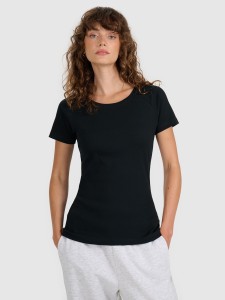 4F T-shirt regular z prążkowanej dzianiny damski - czarny XS