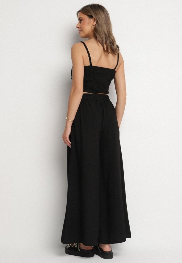 Czarny Komplet z Wiskozą Top z Usztywnianymi Miseczkami i Szerokie Spodnie Lortebis