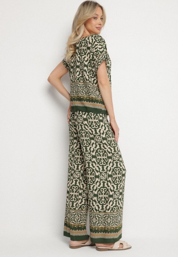 Ciemnozielony Komplet Bawełniany w Ornamentalny Wzór Spodnie i Bluzka Nanirienna