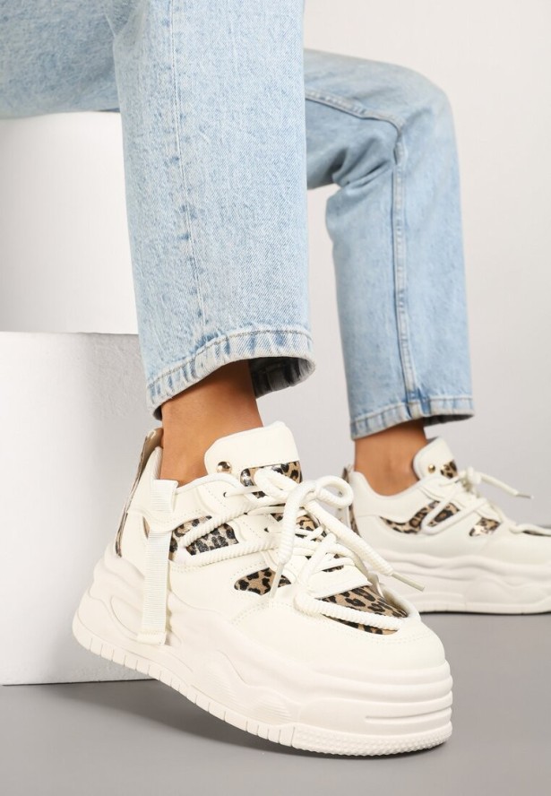 Beżowo-Panterkowe Streetwearowe Sneakersy na Platformie z Brokatem i Aplikacjami Maivessa