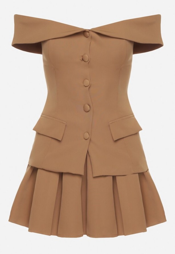 Brązowy Komplet Spódnica i Bluzka Hiszpanka z Guzikami i Imitacją Kieszeni Salendrea