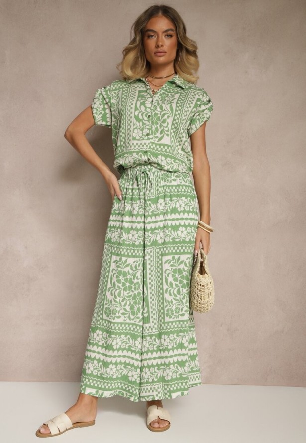 Jasnozielony Komplet z Wiskozą w Kwiatowy Wzór Koszula i Spodnie Sonelienna