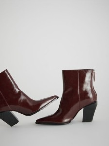 Skórzane botki na obcasie - bordowy