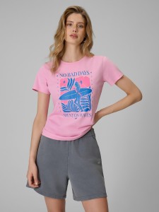 4F T-shirt regular z nadrukiem damski - różowy L