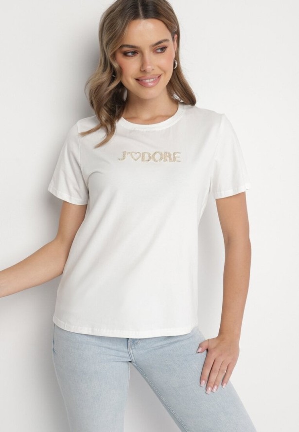 Biały Bawełniany T-shirt Ozdobiony Napisem Nalaviraen