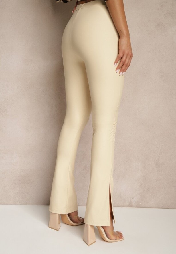 Beżowe Spodnie Dzwony z Ekoskóry High Waist Ellimaya