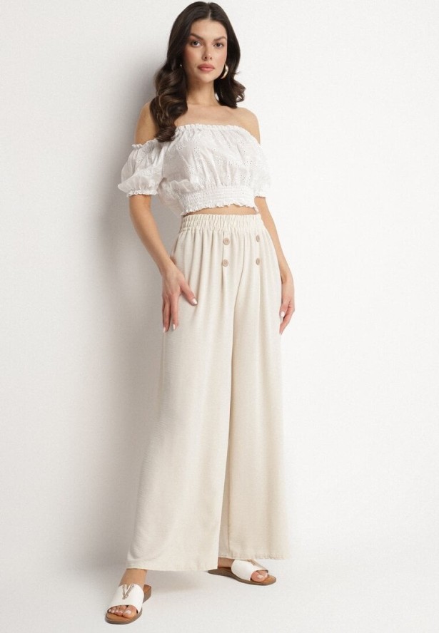 Jasnobeżowe Szerokie Spodnie z Bawełną Wysokim Stanem i Guzikami Avelritia