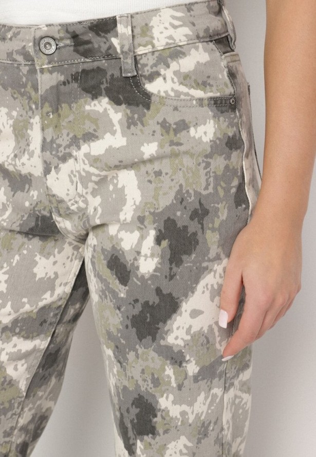 Szare Szerokie Jeansy z Bawełny z Wysokim Stanem we Wzór Moro Napielia