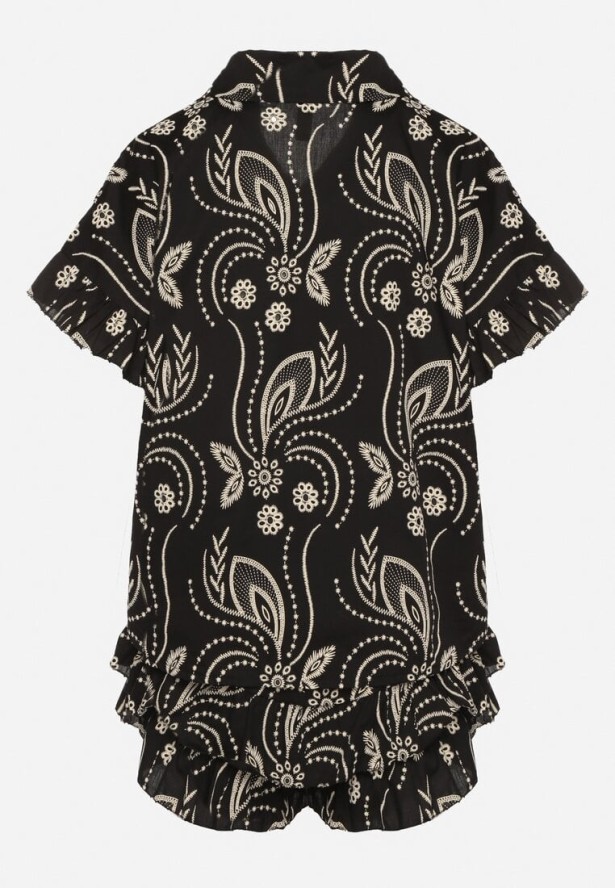 Czarny Bawełniany Komplet Koszula z Wiązaniem i Spódnico-Szorty z Nadrukiem Iffarina