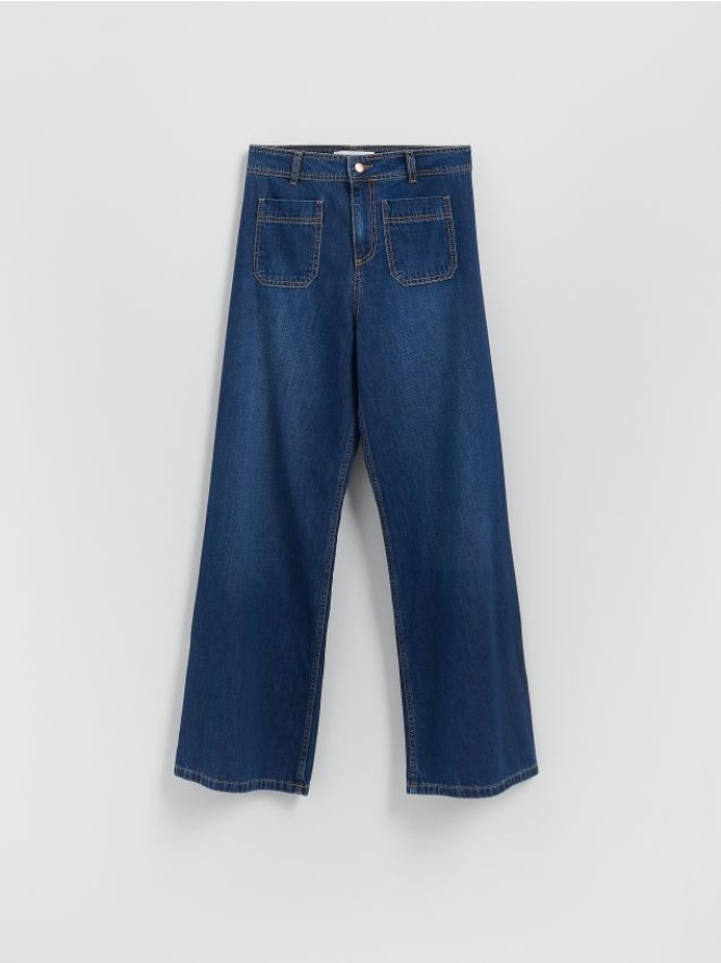Jeansy wide leg z naszywanymi kieszeniami - niebieski