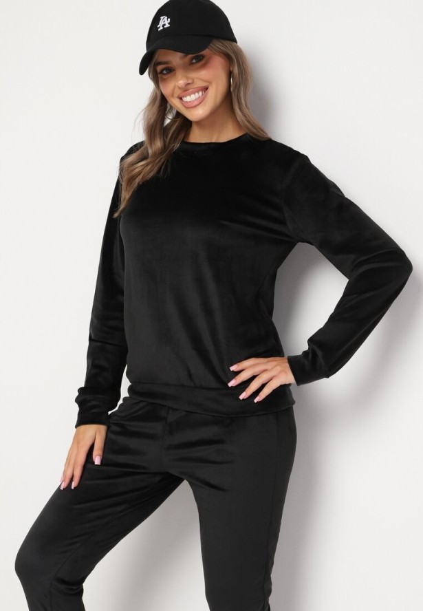 Czarny Komplet Dresowy z Dodatkiem Bawełny Bluzka i Spodnie z Gumką w Talii Evalora