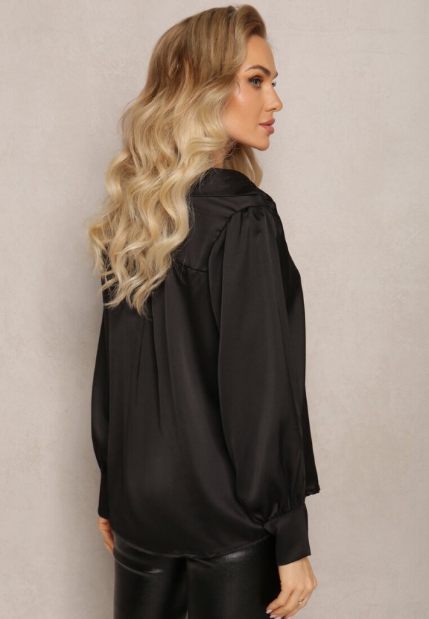Czarna Bluzka z Kołnierzykiem i Ozdobnym Marszczeniem Ariba