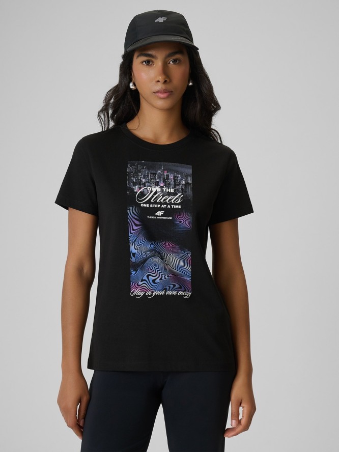 4F T-shirt regular z nadrukiem damski - czarny L