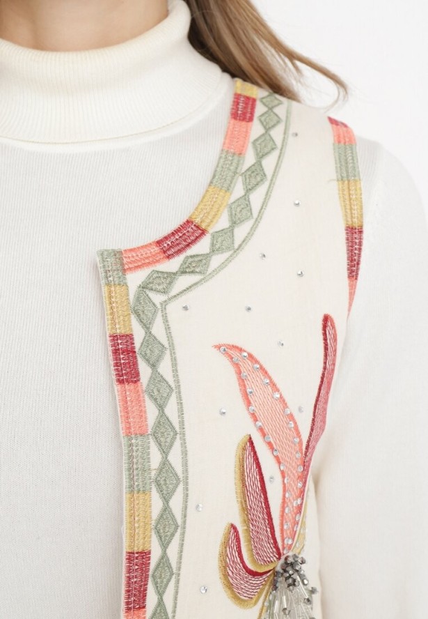 Beżowa Bawełniana Kamizelka Ozdobiona Kolorowym Haftem i Cyrkoniami Davimme