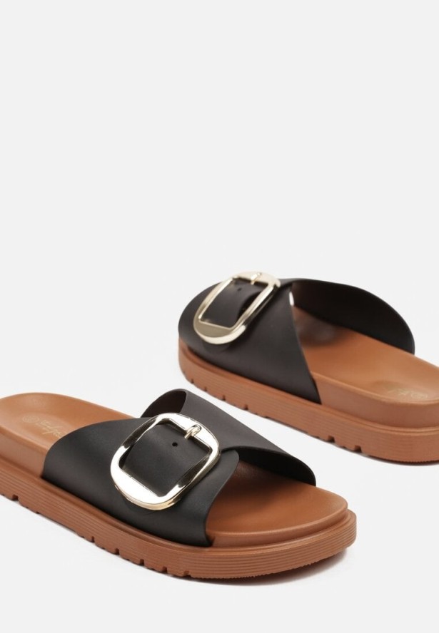 Czarne Klapki Ozdobione Szeroką Klamrą Lisaravia