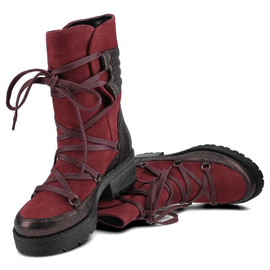 Botki damskie Maciejka, skóra licowa łączona z zamszem wiązane sznurowadłami z wnętrzem wyściełanym ciepłym miękkim futerkiem i z antypoślizgową pode