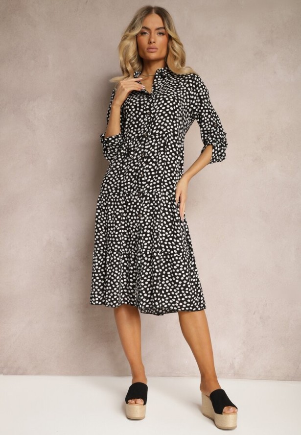 Czarno-Biała Bawełniana Sukienka Koszulowa w Kropki Wexnella