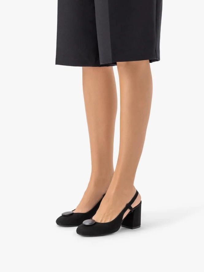 Czarne welurowe czółenka slingback bez pięty z ozdobą