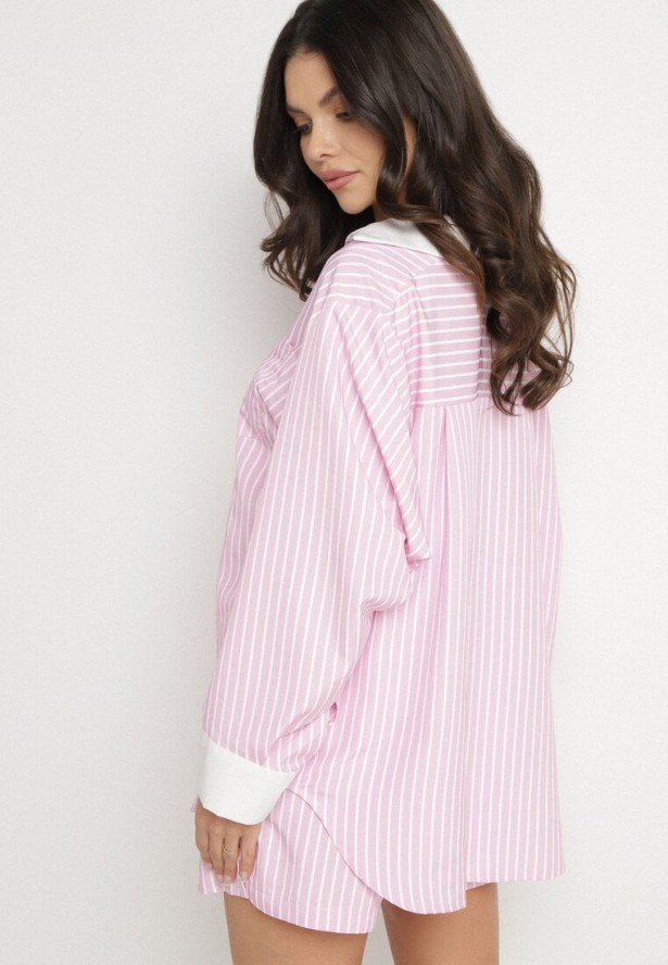 Różowa Koszula w Paski z Kontrastowymi Mankietami i Kołnierzykiem Zarona