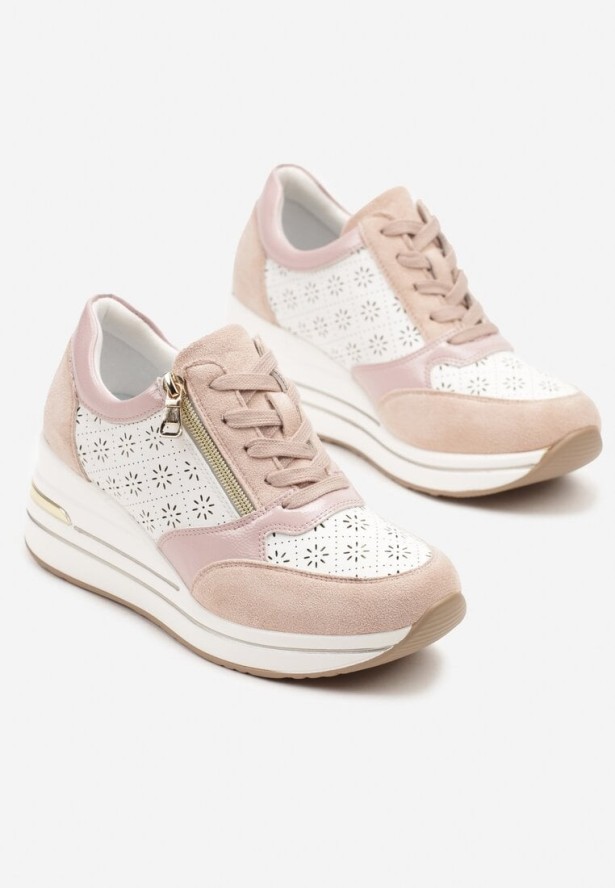 Różowe Sneakersy na Ukrytym Koturnie z Ozdobnym Suwakiem i Ażurowym Wzorem Reladia