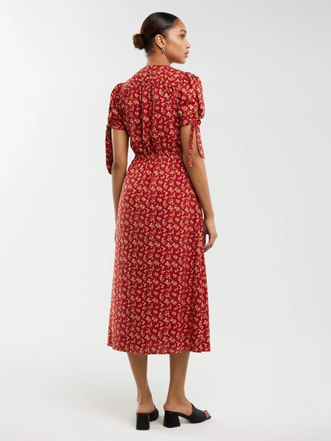 Sukienka damska midi z wiskozy z motywem kwiatowym czerwona Paregi 603