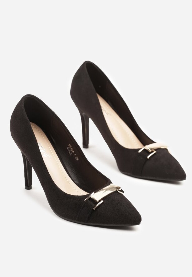 Czarne Szpilki ze Szpiczastym Noskiem z Ozdobną Aplikacją Mininelia