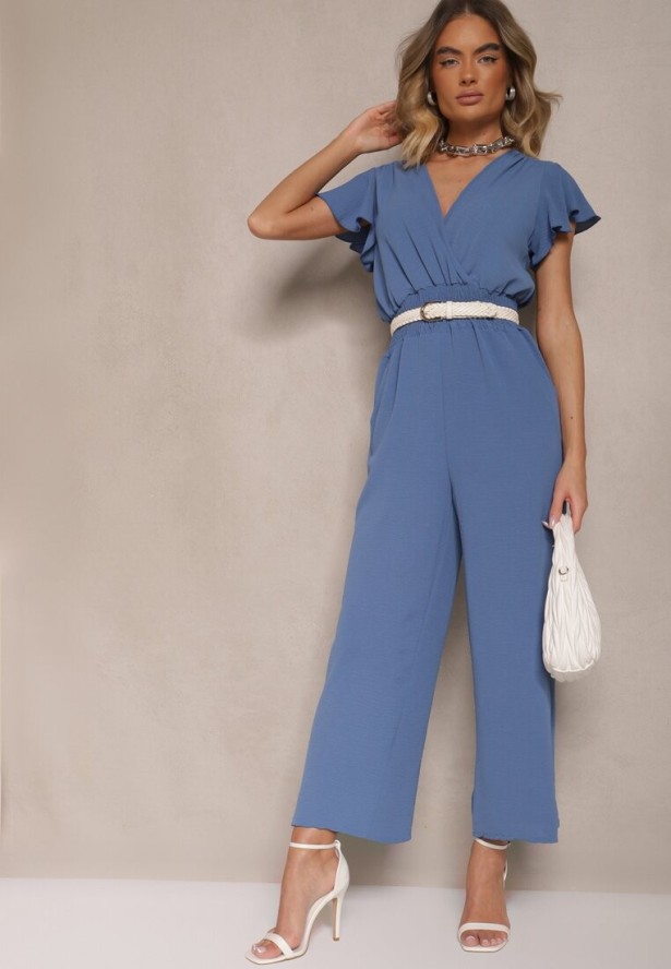 Niebieski Kombinezon o Kopertowym Kroju z Gumką w Talii Martalia